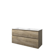 Proline Elegant badmeubel met polystone wastafel met 2 kraangaten en onderkast a-symmetrisch - Raw oak/Mat wit - 120x46cm (bxd)