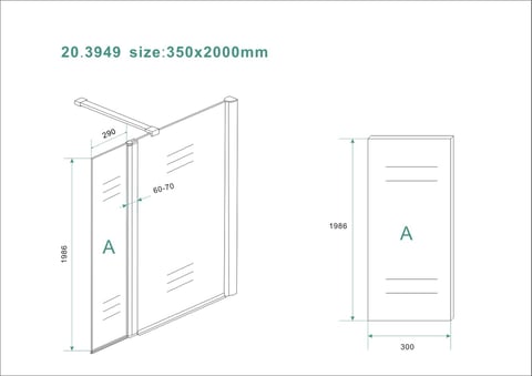 Wiesbaden Zijpaneel 35 x 200 cm met scharnierprofiel rechts chroom met 10 mm NANO geheel matglas