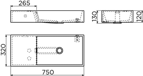 Clou Wash Me wastafel 75 cm met 2 voorbewerkte kraangaten overloop kranenbank links aluite