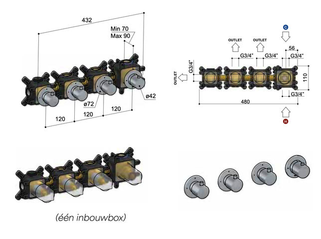 Hotbath Cobber CB7070EXT afbouwdeel inbouwthermostaat met 3 stopkranen - verouderd ijzer