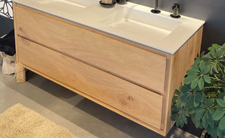 Milano wastafelonderkast hangend 2 lades onder elkaar softclose 120x46x50 cm massief eiken - bianco