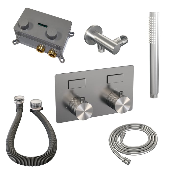 Brauer Carving inbouw badthermostaat - drukknoppen - badafvoer/vulcombinatie - staafhanddouche - geborsteld rvs PVD