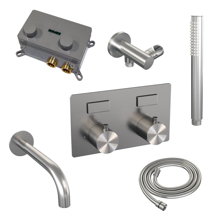 Brauer Carving inbouw badthermostaat - drukknoppen - baduitloop - staafhanddouche - geborsteld rvs PVD