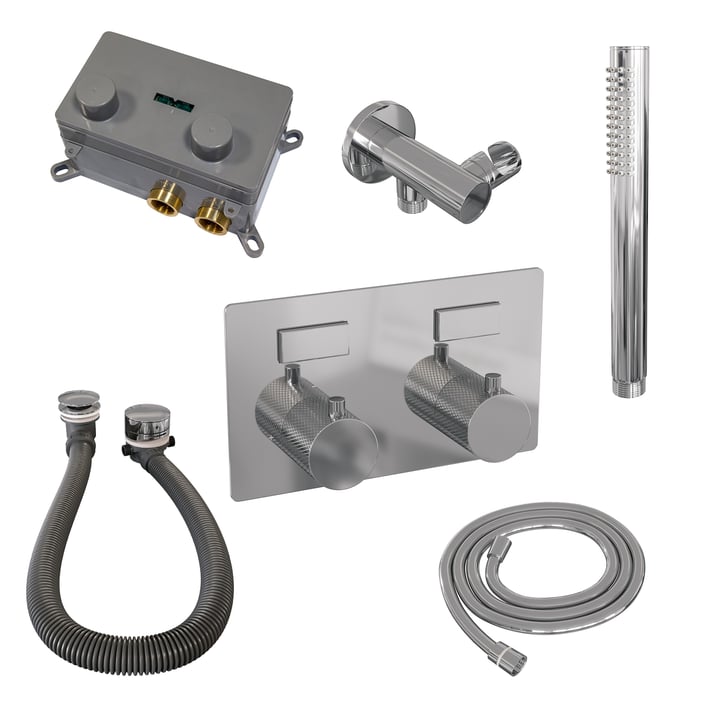 Brauer Carving inbouw badthermostaat - drukknoppen - badafvoer/vulcombinatie - staafhanddouche - chroom
