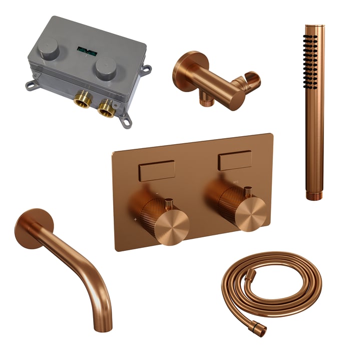 Brauer Carving inbouw badthermostaat - drukknoppen - baduitloop - staafhanddouche - geborsteld koper PVD