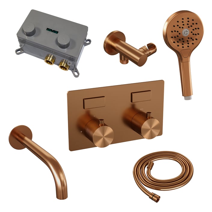 Brauer Carving inbouw badthermostaat - drukknoppen - baduitloop - 3-standen handdouche - geborsteld koper PVD