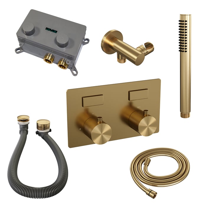 Brauer Carving inbouw badthermostaat - drukknoppen - badafvoer/vulcombinatie - staafhanddouche - geborsteld goud PVD