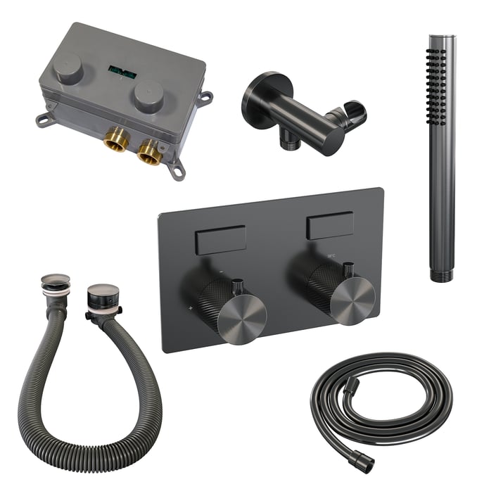 Brauer Carving inbouw badthermostaat - drukknoppen - badafvoer/vulcombinatie - staafhanddouche - geborsteld gunmetal PVD