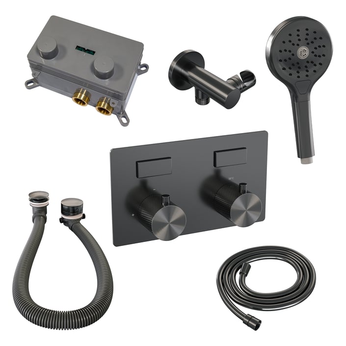 Brauer Carving inbouw badthermostaat - drukknoppen - badafvoer/vulcombinatie - 3-standen handdouche - geborsteld gunmetal PVD