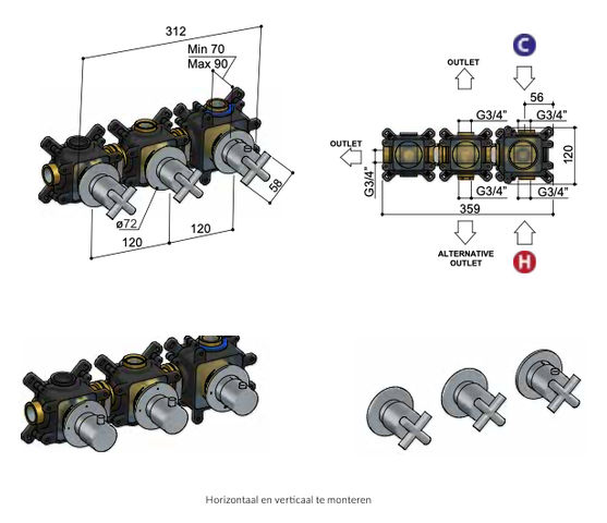 Hotbath Chap C7067EXT afbouwdeel voor Inbouw thermostaat - 2 stopkranen -  Gepolijst zwart PVD
