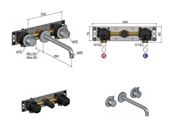 Hotbath Cobber CB105TEXT25 afbouwdeel voor 3-gats inbouw wastafelkraan - 25cm uitloop - geborsteld zwart PVD