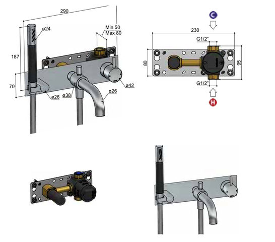 Hotbath Cobber CB126EXT afbouwdeel voor inbouw badmengkraan - geborsteld zwart PVD