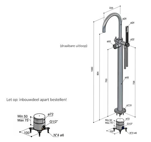 Hotbath Cobber CB177EXT afbouwdeel voor vrijstaande badmengkraan - geborsteld messing