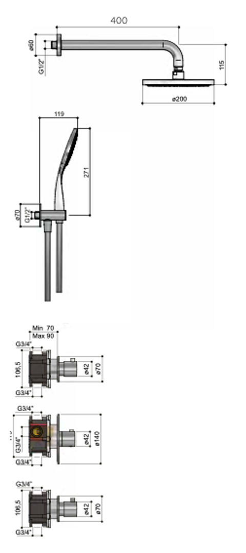 Hotbath Buddy IBS12 inbouw doucheset - 2 stopkranen - Geborsteld koper PVD - ronde handdouche - 25cm hoofddouche - wandarm - glijstang