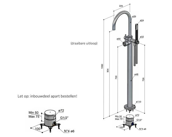 Hotbath Cobber X CX177EXT afbouwdeel voor vrijstaande badkraan - geborsteld nikkel