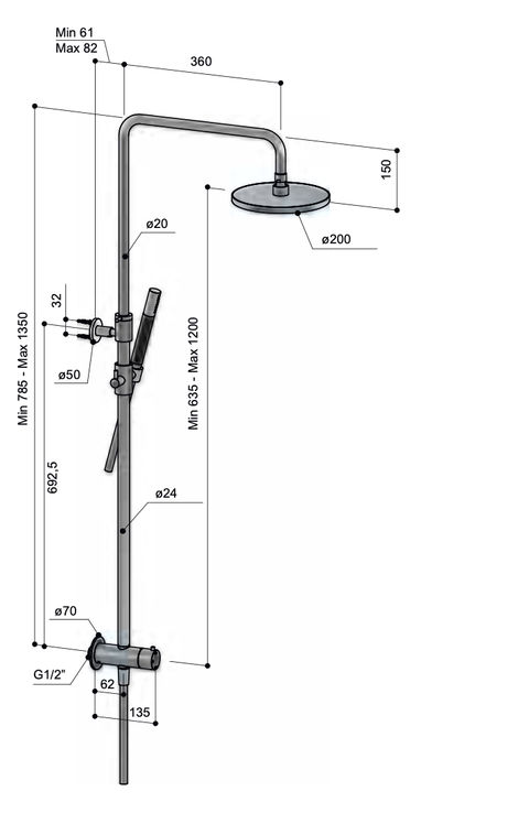 Hotbath Cobber M438 stortdoucheset zonder mengkraan - hoofddouche 20cm - staafhanddouche - gepolijst zwart PVD