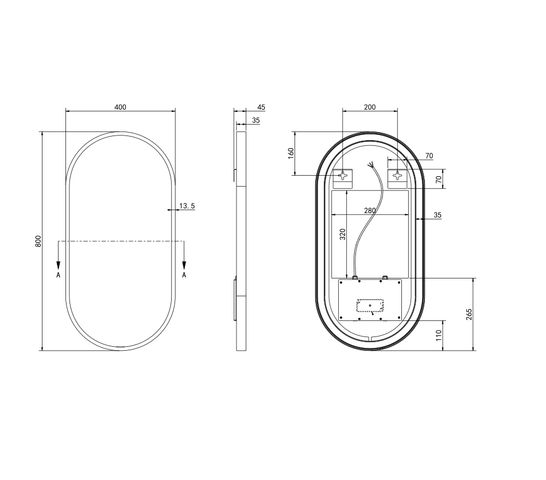 Hotbath &More spiegel oval 40x80cm directe & indirecte verlichting - geborsteld gunmetal PVD