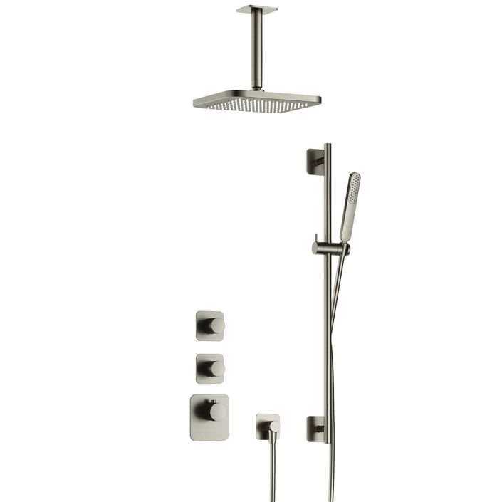 Hotbath Gal IBS40 inbouw doucheset High Flow met 2 stopkranen met plafondbuis en glijstang - Geborsteld nikkel