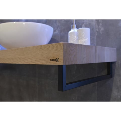 Looox Wooden Base Shelf Solo wastafelblad 200x46cm - zwarte handdoekhouder links/rechts - old grey