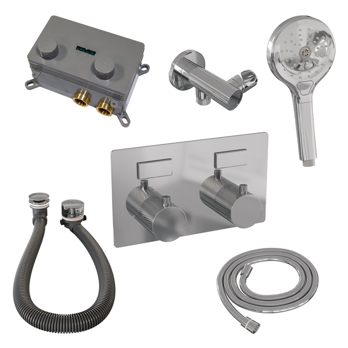 Brauer Carving inbouw badthermostaat - drukknoppen - badafvoer/vulcombinatie - 3-standen handdouche - chroom