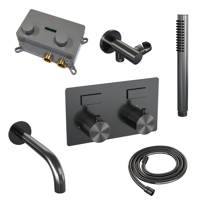Brauer Carving inbouw badthermostaat - drukknoppen - baduitloop - staafhanddouche - geborsteld gunmetal PVD