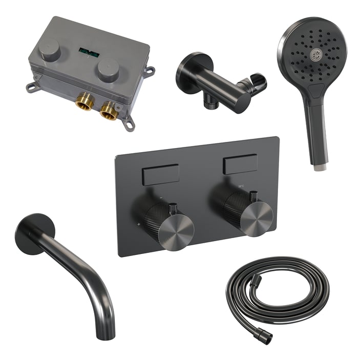 Brauer Carving inbouw badthermostaat - drukknoppen - baduitloop - 3-standen handdouche - geborsteld gunmetal PVD
