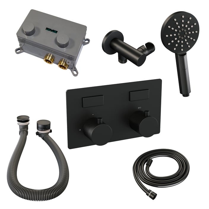 Brauer Carving inbouw badthermostaat - drukknoppen - badafvoer/vulcombinatie - 3-standen handdouche - mat zwart