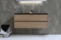 Proline Elegant badmeubel met polystone wastafel zonder kraangat en onderkast a-symmetrisch - Ideal oak/Glans wit - 80x46cm (bxd)