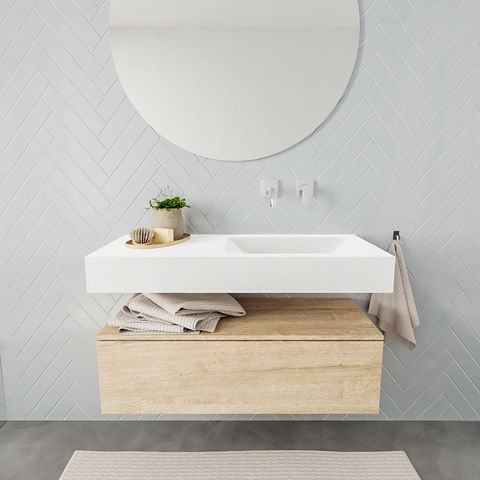 Mondiaz Alan badmeubel 100cm Washed Oak 1 lade - Cloud wastafel Talc rechts - zonder kraangat