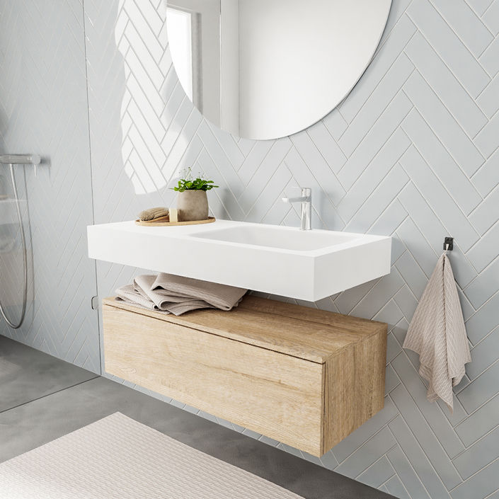 Mondiaz Alan badmeubel 100cm Washed Oak 1 lade - Cloud wastafel Talc rechts - 1 kraangat