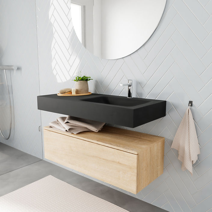 Mondiaz Alan badmeubel 100cm Washed Oak 1 lade - Cloud wastafel Urban rechts - 1 kraangat