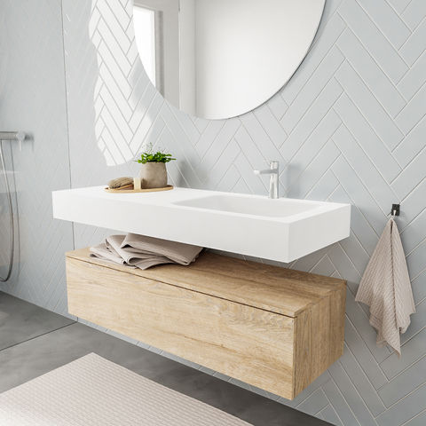 Mondiaz Alan badmeubel 120cm Washed Oak 1 lade - Cloud wastafel Talc rechts - 1 kraangat