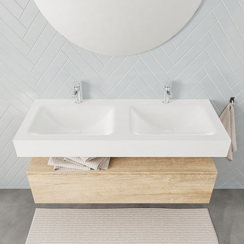 Mondiaz Alan badmeubel 120cm Washed Oak 1 lade - Cloud wastafel Talc dubbel - 2 kraangaten