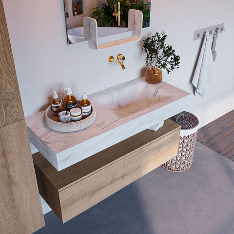Mondiaz Alan Dlux badmeubel 110cm Washed Oak - Cloud wastafel Opalo rechts - zonder kraangat