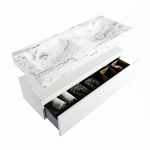 Mondiaz Alan Dlux badmeubel 120cm Talc - Cloud wastafel Glace dubbel - met 2 kraangaten