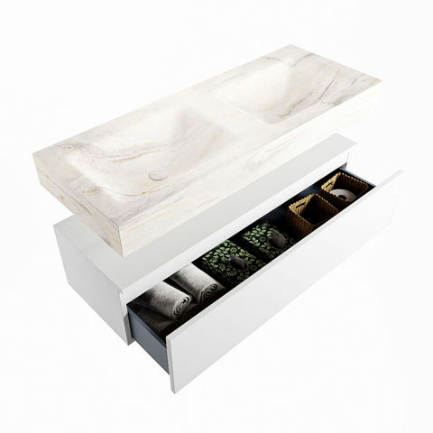 Mondiaz Alan Dlux badmeubel 120cm Talc - Cloud wastafel Ostra dubbel - met 2 kraangaten