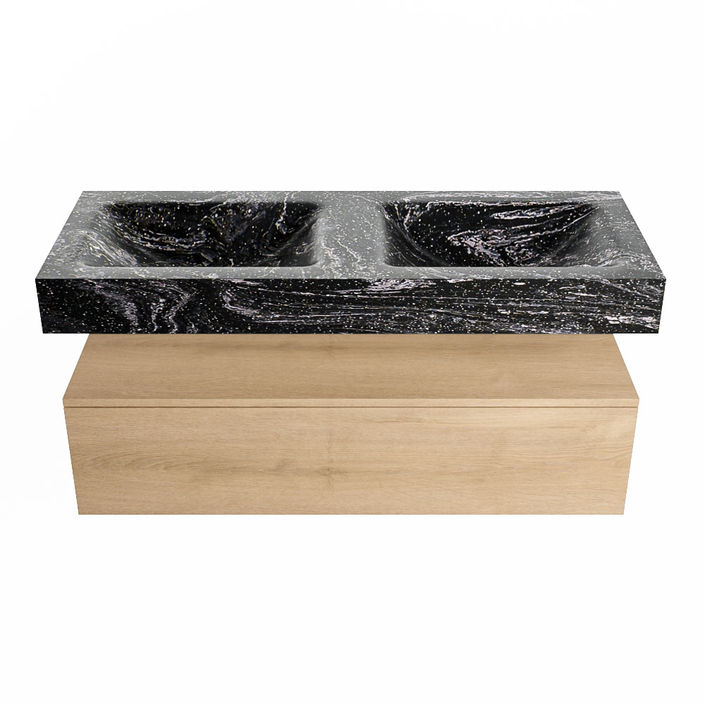 Mondiaz Alan Dlux badmeubel 120cm Washed Oak - Cloud wastafel Lava dubbel - zonder kraangat