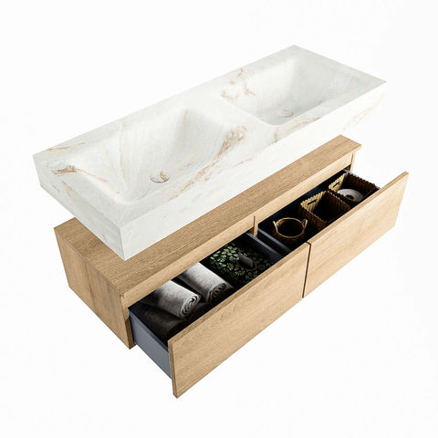 Mondiaz Alan Dlux badmeubel 120cm Washed Oak - Cloud wastafel Frappe dubbel - zonder kraangat