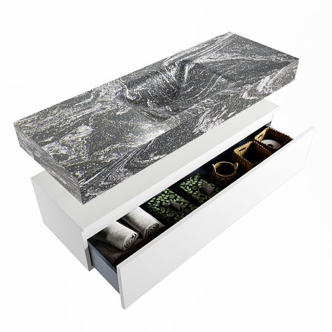 Mondiaz Alan Dlux badmeubel 130cm Talc - Cloud wastafel Lava midden - zonder kraangat