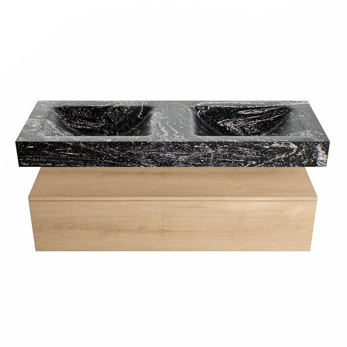 Mondiaz Alan Dlux badmeubel 130cm Washed Oak - Cloud wastafel Lava dubbel - met 2 kraangaten