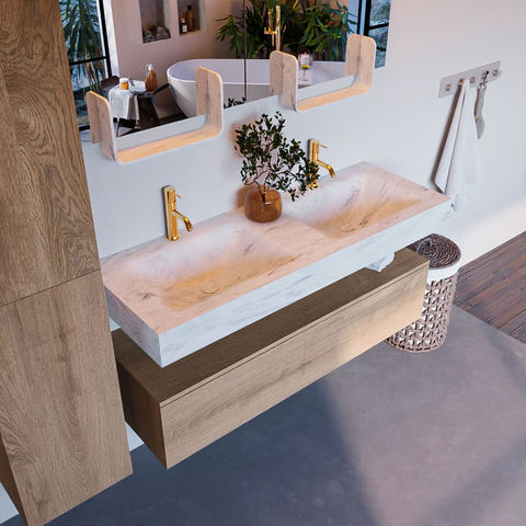 Mondiaz Alan Dlux badmeubel 130cm Washed Oak - Cloud wastafel Opalo dubbel - met 2 kraangaten