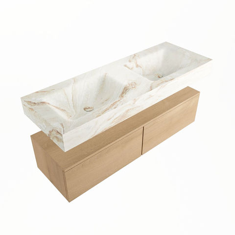 Mondiaz Alan Dlux badmeubel 130cm Washed Oak - Cloud wastafel Frappe dubbel - zonder kraangat