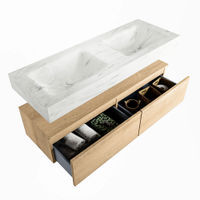 Mondiaz Alan Dlux badmeubel 130cm Washed Oak - Cloud wastafel Opalo dubbel - zonder kraangat