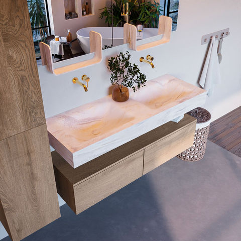 Mondiaz Alan Dlux badmeubel 130cm Washed Oak - Cloud wastafel Ostra dubbel - zonder kraangat