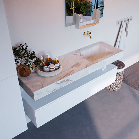 Mondiaz Alan Dlux badmeubel 150cm Talc - Cloud wastafel Frappe rechts - zonder kraangat