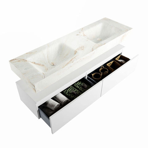 Mondiaz Alan Dlux badmeubel 150cm Talc - Cloud wastafel Frappe dubbel - met 2 kraangaten