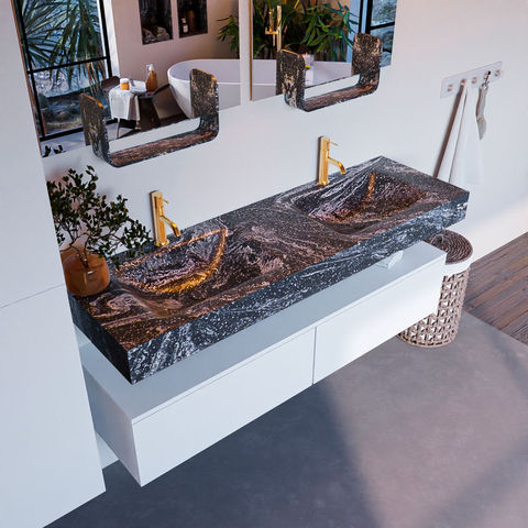 Mondiaz Alan Dlux badmeubel 150cm Talc - Cloud wastafel Lava dubbel - met 2 kraangaten