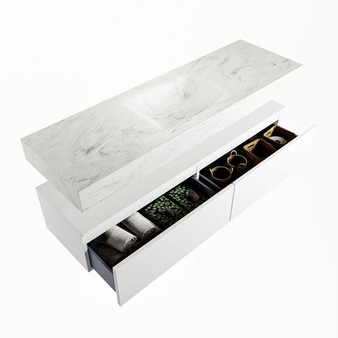 Mondiaz Alan Dlux badmeubel 150cm Talc - Cloud wastafel Opalo midden - zonder kraangat