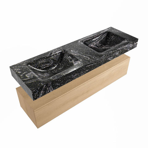 Mondiaz Alan Dlux badmeubel 150cm Washed Oak - Cloud wastafel Lava dubbel - met 2 kraangaten