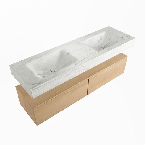 Mondiaz Alan Dlux badmeubel 150cm Washed Oak - Cloud wastafel Opalo dubbel - met 2 kraangaten
